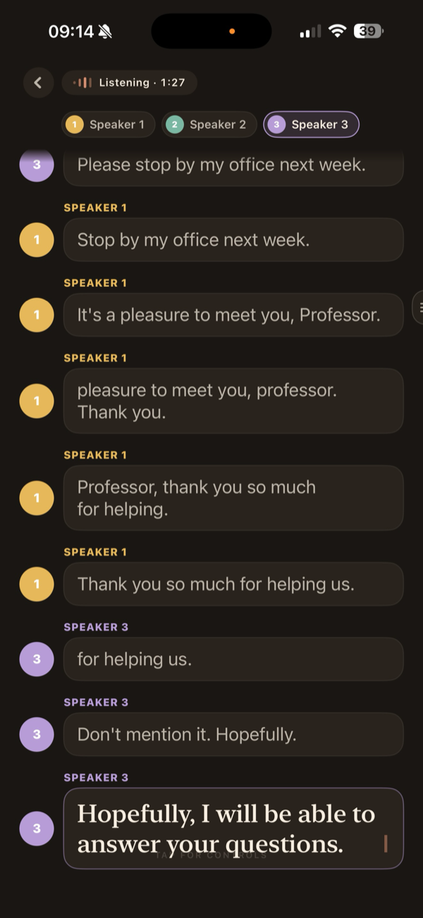 Earshot separating three speakers in a live transcript, each color-coded